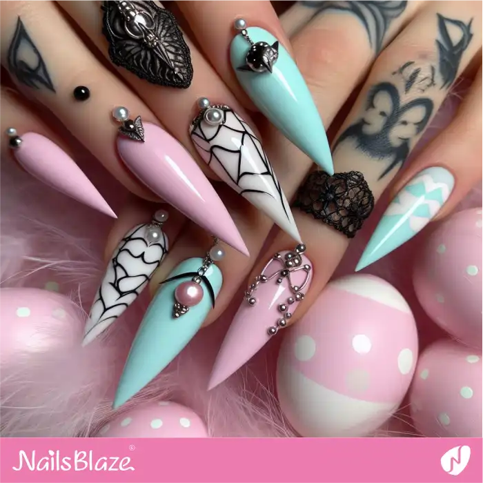 Embellished Gothic Stiletto Nails with Pearls | Easter Nails - NB3672